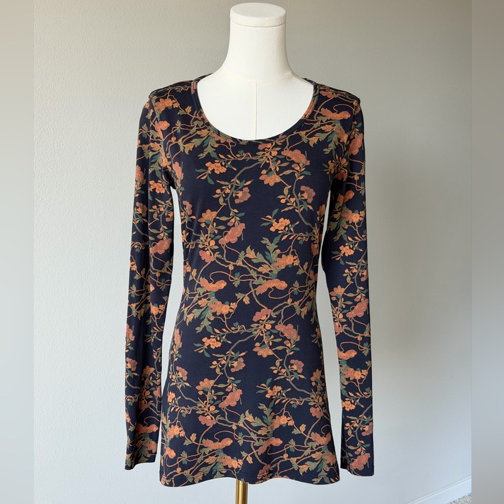 Peruvian Connection Floral Fitted Navy and Warm Rust Long Sleeve Cotton Top-XS